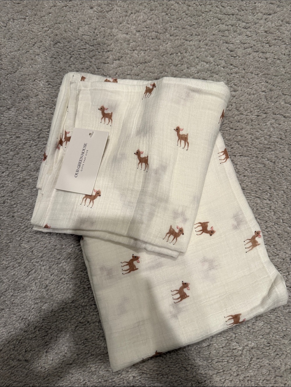 NWT- White Muslin Swaddle Blanket with Brown Deer Print